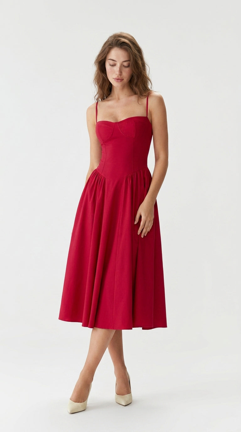 Romi Red Square Neck Midi Dress