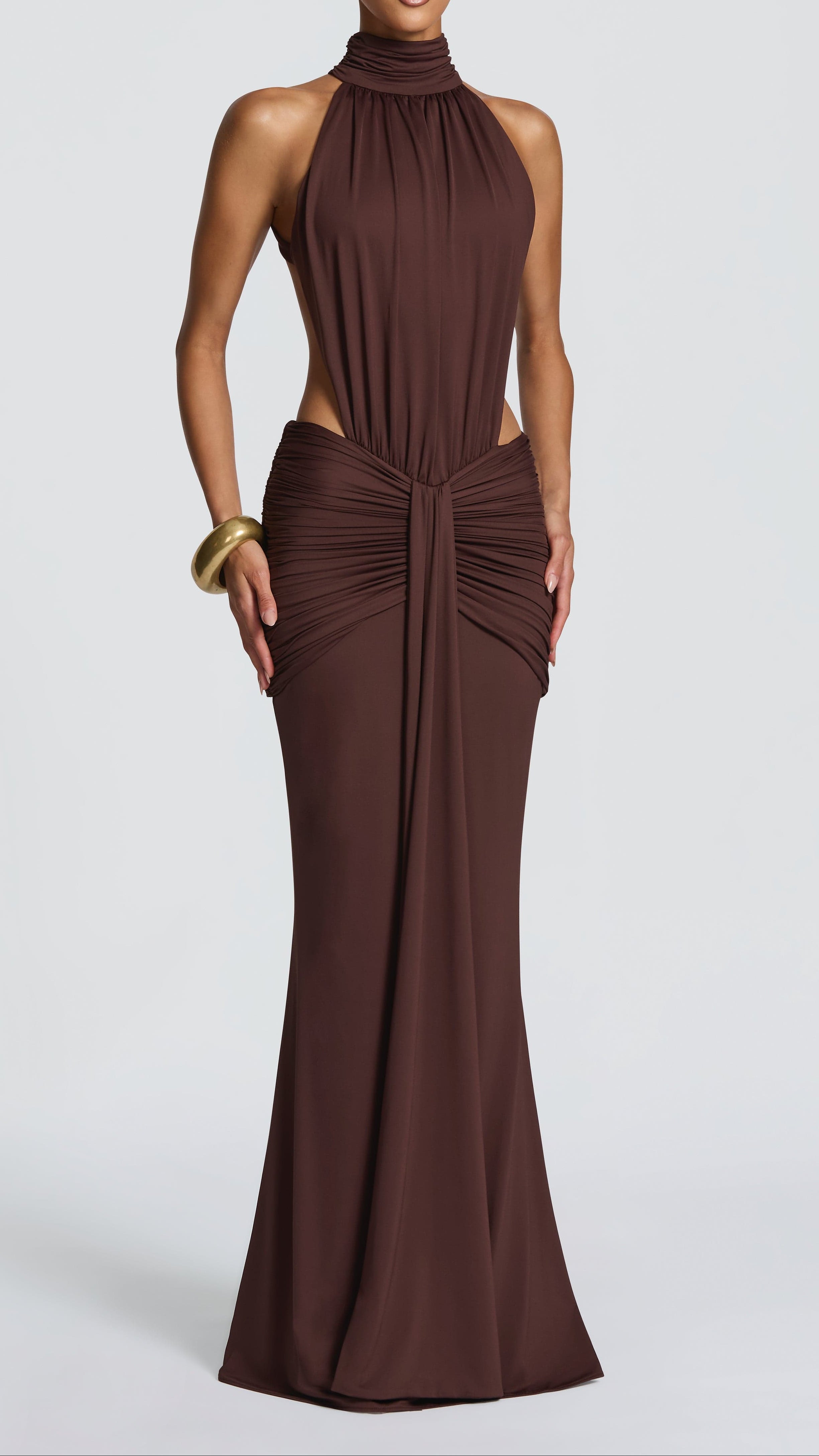 Anaïs Plum Brown Ruched Open-Back Maxi Dress