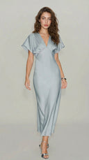 Liora - Blue Satin V-Neck Midi Dress