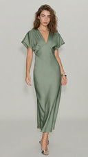 Sienna - Green Satin V-Neck Midi Dress