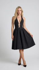 Arabella - Black Halterneck Bow-Detail Midi Dress