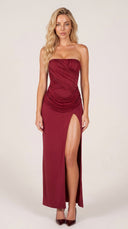 Calliope - Cherry Red Bandeau Draped Thigh-High Maxi Dress