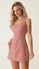 Pippa - Red Gingham Square Neck Mini Dress