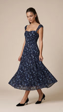 Indigo - Navy Floral Sweetheart Neck Midi Dress