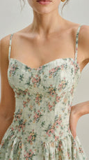 Camille - Sage Green Floral Corset Midi Dress