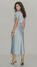 Liora - Blue Satin V-Neck Midi Dress