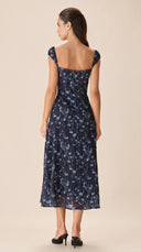 Indigo - Navy Floral Sweetheart Neck Midi Dress