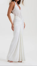 Woman wearing a white ruched maxi skirt, alternate front view