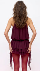 Eleonora - Wine Burgundy Halter Tie-Neck Asymmetric Handkerchief Mini Dress