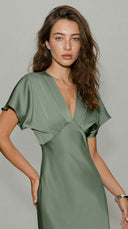 Sienna - Green Satin V-Neck Midi Dress