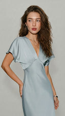 Liora - Blue Satin V-Neck Midi Dress