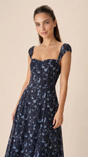 Indigo - Navy Floral Sweetheart Neck Midi Dress