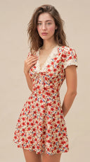 Flora - Red V-Neck Floral Lace Mini Dress