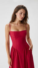 Romi - Red Square Neck Midi Dress with Pockets