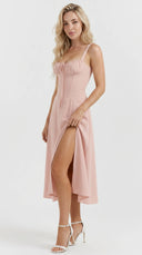 Amara - Rosé Corset Lace-Up Midi Dress