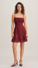 Vittoria - Wine Red Floral Jacquard Lace-Up Back Mini Dress