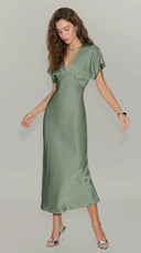 Sienna - Green Satin V-Neck Midi Dress