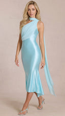 Vera - Soft Aqua Scarf-Detail Midaxi Dress