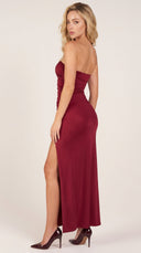 Calliope - Cherry Red Bandeau Draped Thigh-High Maxi Dress