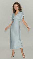 Liora - Blue Satin V-Neck Midi Dress