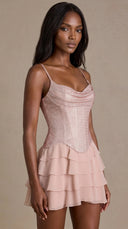 Saskia - Beige Gold Embellished Corset Mini Dress