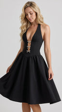 Arabella - Black Halterneck Bow-Detail Midi Dress