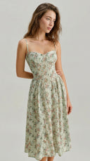 Camille - Sage Green Floral Corset Midi Dress