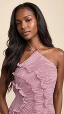 Woman wearing a dusty lilac asymmetric ruffle halter midi dress