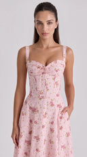 Fiamma - Pink Floral Print Corset Midi Dress