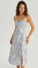 Marisol - Blue Floral Ruched Slip Midi Dress