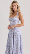 Serena - Blue Floral Print Halter Midi Dress
