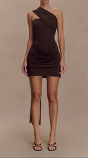Amelie dark chocolate strapless corset mini dress with draped overlay skirt and scarf