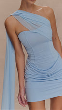 Amelie powder blue corset mini dress with attached scarf, full look