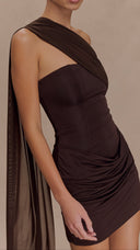 Amelie dark chocolate corset mini dress, side view showing draped skirt pleats