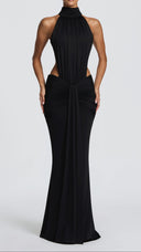 Anais black ruched jersey mermaid maxi dress with high neck and open back
