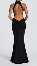 Anais black ruched mermaid maxi dress, back view showing deep open back