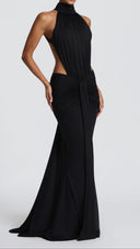 Anais black ruched mermaid maxi dress, side view with waist cut-out detail