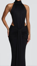 Anais black ruched mermaid maxi dress, close-up of gathered high collar