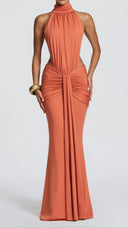 Anais burnt orange ruched jersey mermaid maxi dress with high neck and open back