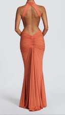 Anais burnt orange ruched mermaid maxi dress, back view showing deep open back