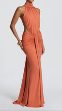 Anais burnt orange ruched mermaid maxi dress, side view with waist cut-out detail