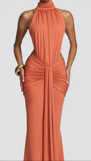 Anais burnt orange ruched mermaid maxi dress, close-up of gathered high collar
