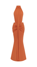 Anais burnt orange ruched mermaid maxi dress, styled full-length look