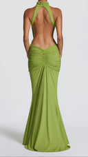 Anais olive green ruched mermaid maxi dress, back view showing deep open back