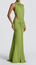 Anais olive green ruched mermaid maxi dress, close-up of gathered high collar