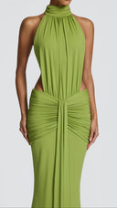 Anais olive green ruched mermaid maxi dress, angled view of skirt movement