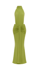 Anais olive green ruched mermaid maxi dress, styled full-length look