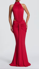 Anais red ruched jersey mermaid maxi dress with high neck and open back