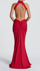 Anais red ruched mermaid maxi dress, back view showing deep open back
