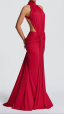 Anais red ruched mermaid maxi dress, side view with waist cut-out detail